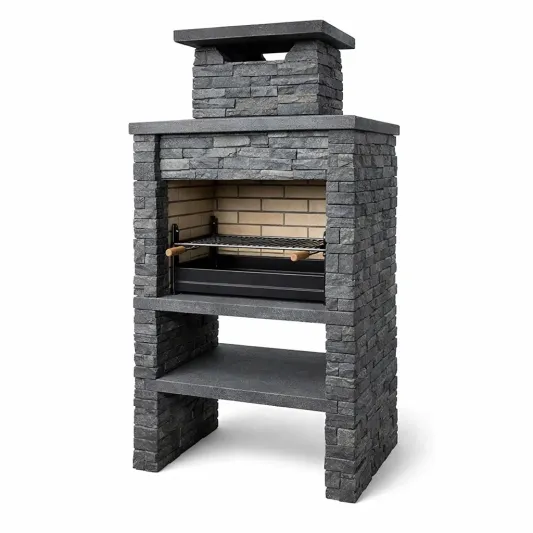 Stein Grillkamin mit Grillrost und Holzablage, Grau-furnzexa