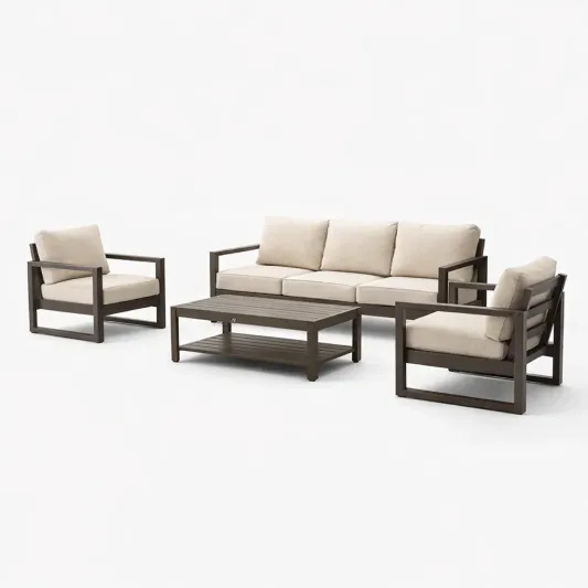 Aluminium-Gartensofa-Set mit Polyesterkissen 3-Sitzer und 2 Sessel Beige-furnzeta