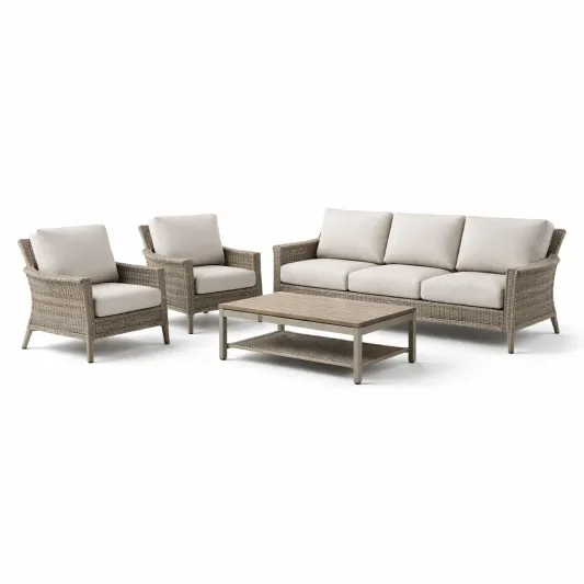 Rattan-Sitzgruppe mit Tisch und Kissen, Beige, 3-Sitzer-Sofa und 2 Sessel-furnzeta