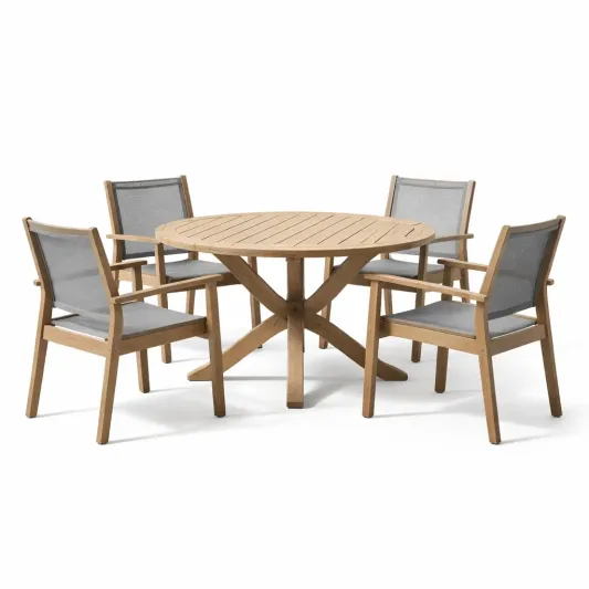 Rundes Esstisch-Set aus Teakholz und Polyestergewebe-furnzeta
