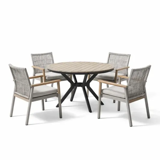 Gartenmöbelset Rundtisch mit 4 Stühlen Aluminium/Teakholz Polyesterseil-furnzeta