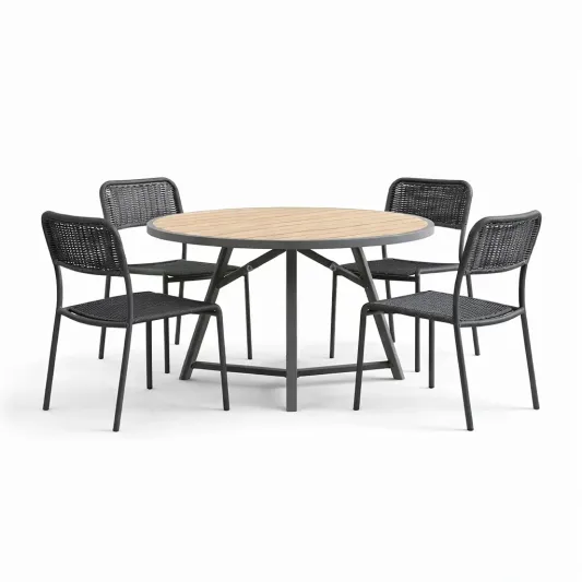 Runder Gartentisch-Set Holzoptik Ø120 cm mit 4 Stühlen Metallrahmen-furnzeta