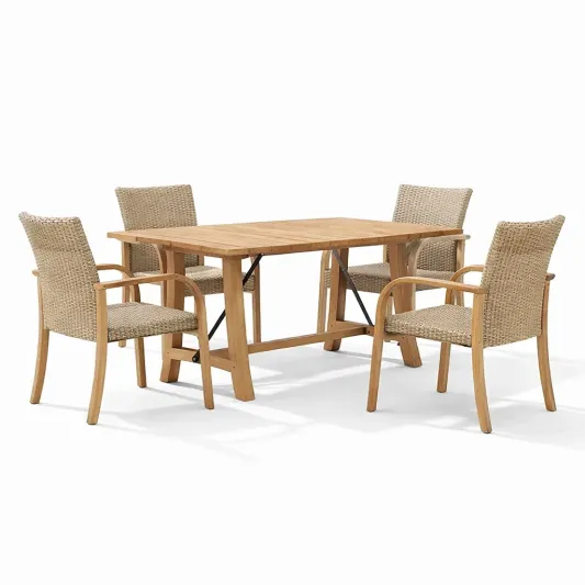 Essgruppe Teakholz Tisch mit 4 Polyrattan Stühlen-furnzeta
