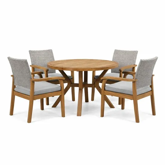 Teakholz Gartenmöbel-Set mit Rundtisch und 4 Geflechtstühlen-furnzeta