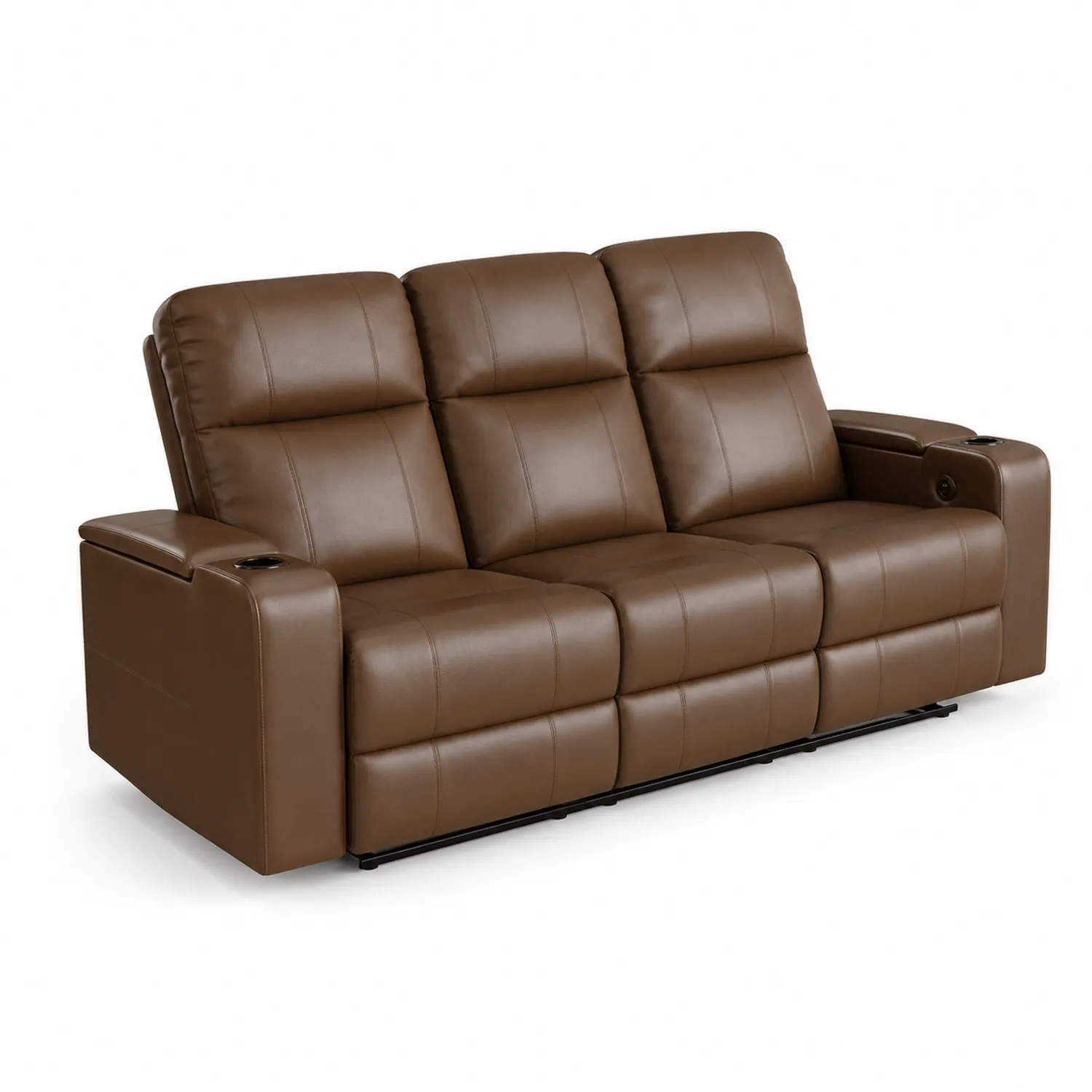 Brązowa Skórzana Sofa Trzyosobowa z Uchwytami na Napoje