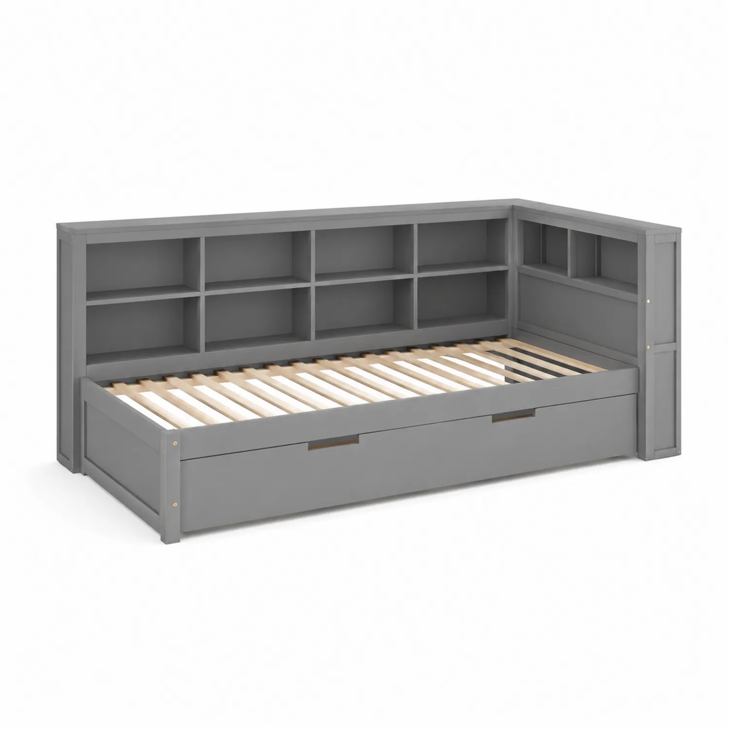 Łóżko drewniane szare z półkami i szufladą 200x90 cm
