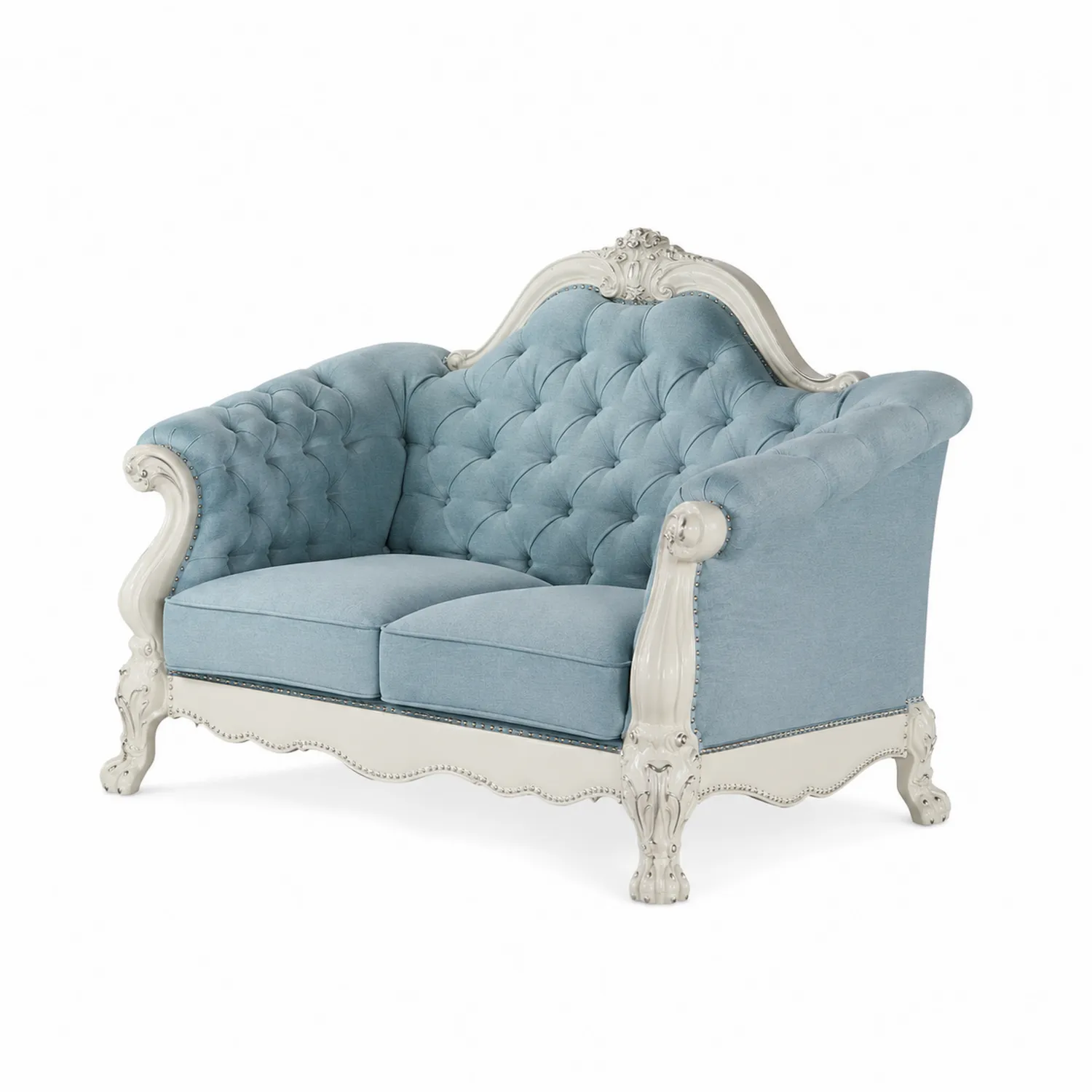 Dwuosobowa sofa z tkaniny bawełnianej z drewnianą ramą