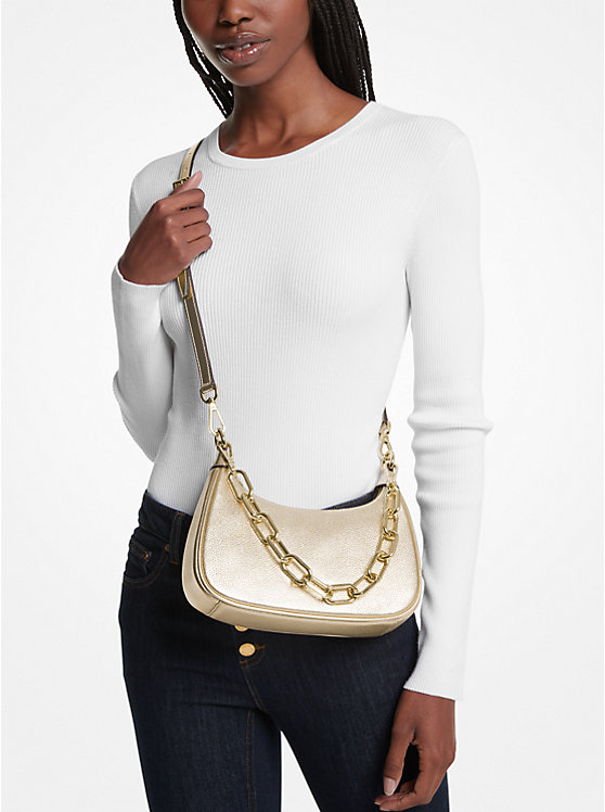 Cora Medium Metallic Leather Shoulder Bag -PALE GOLD