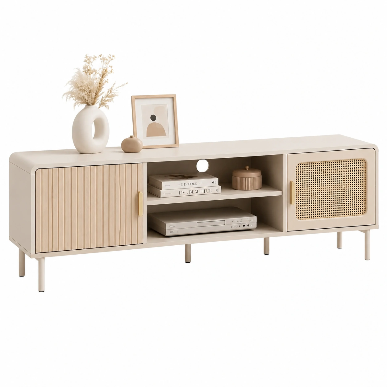 Mesa TV minimalista crema con puertas texturizadas-zenithfurni