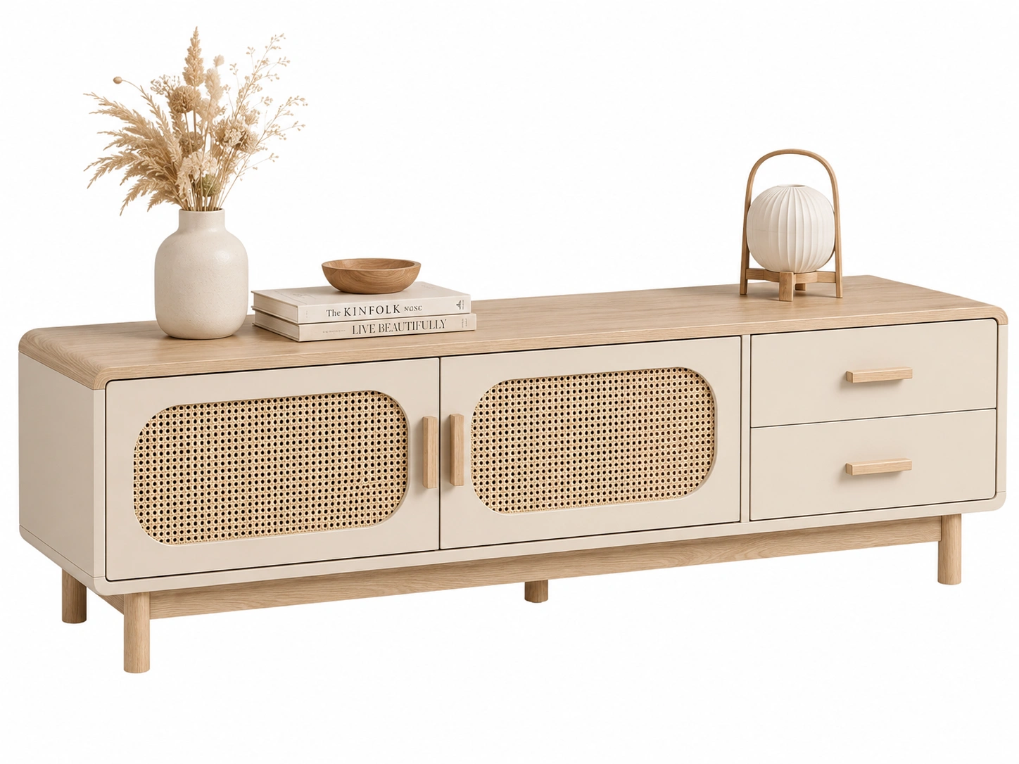 Mueble TV beige con ratan natural y cajones-zenithfurni