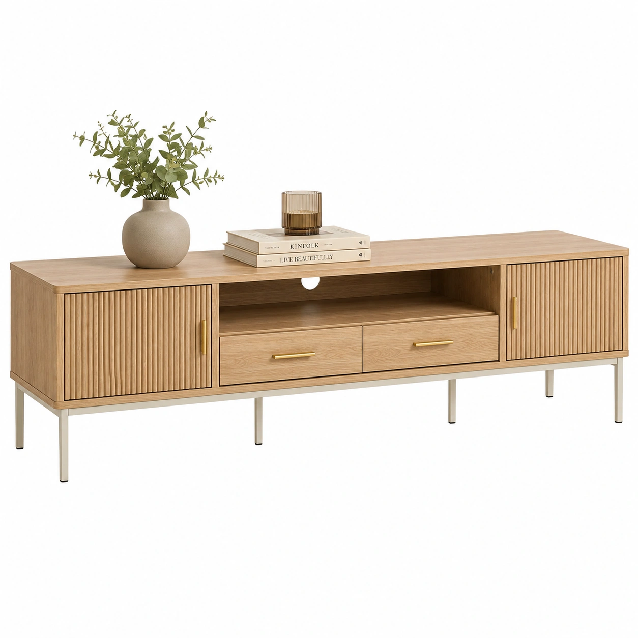Mueble TV de madera natural con puertas acanaladas-zenithfurni