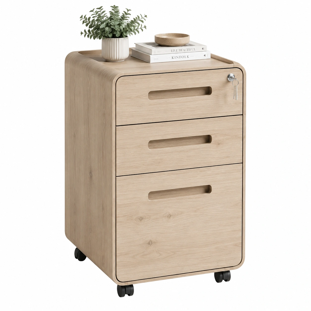 Cajonera movil de madera clara con cerradura-zenithfurni