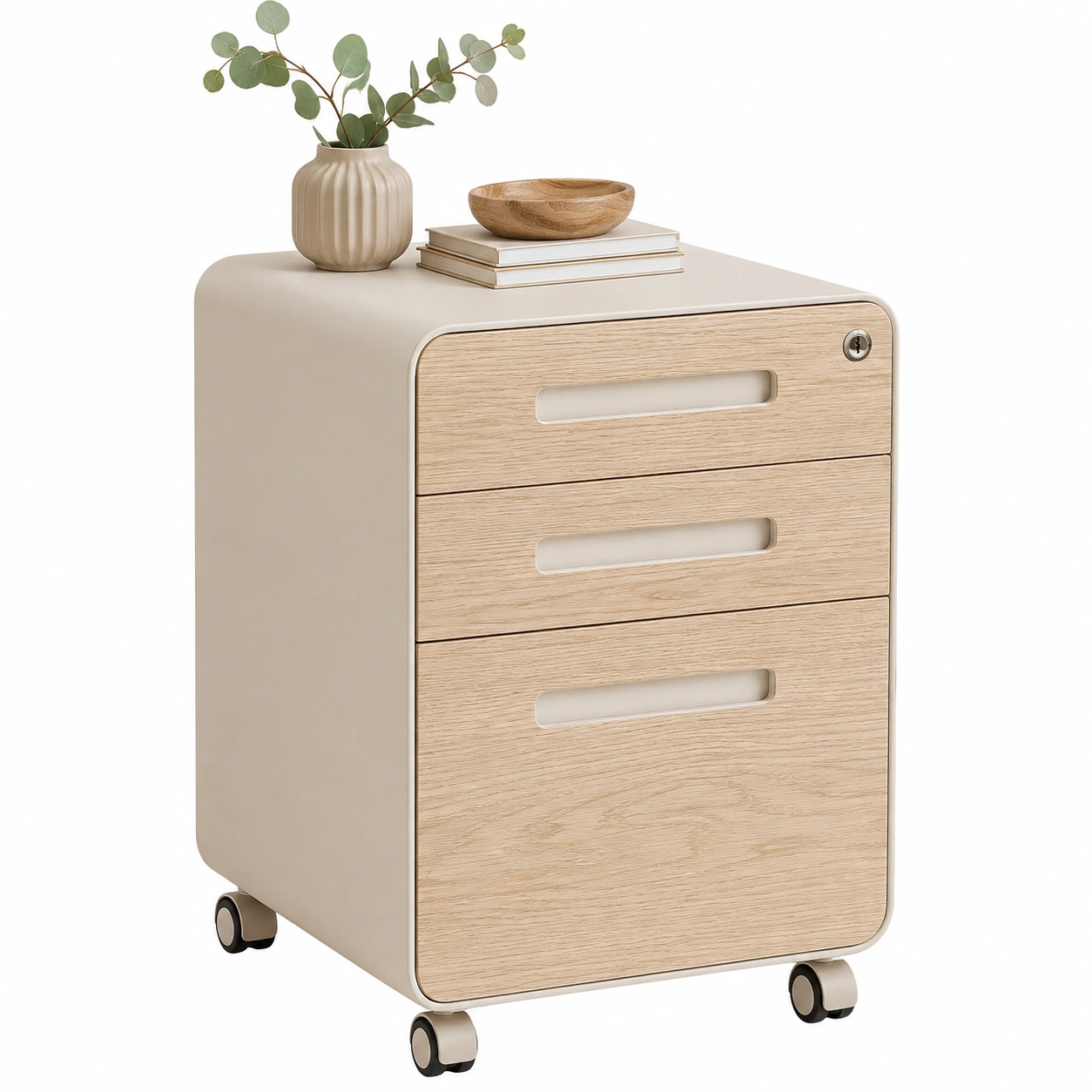 Cajonera movil beige y madera con cerradura-zenithfurni