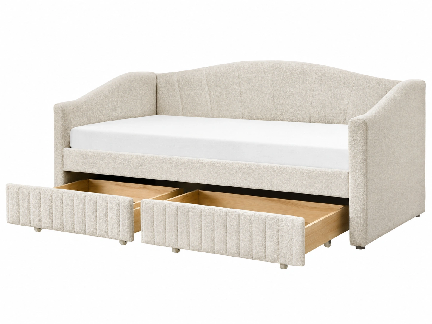 Cama nido tapizada beige crema con respaldo curvo, textura suave y cajones inferiores de estilo elegante-zenithfurni