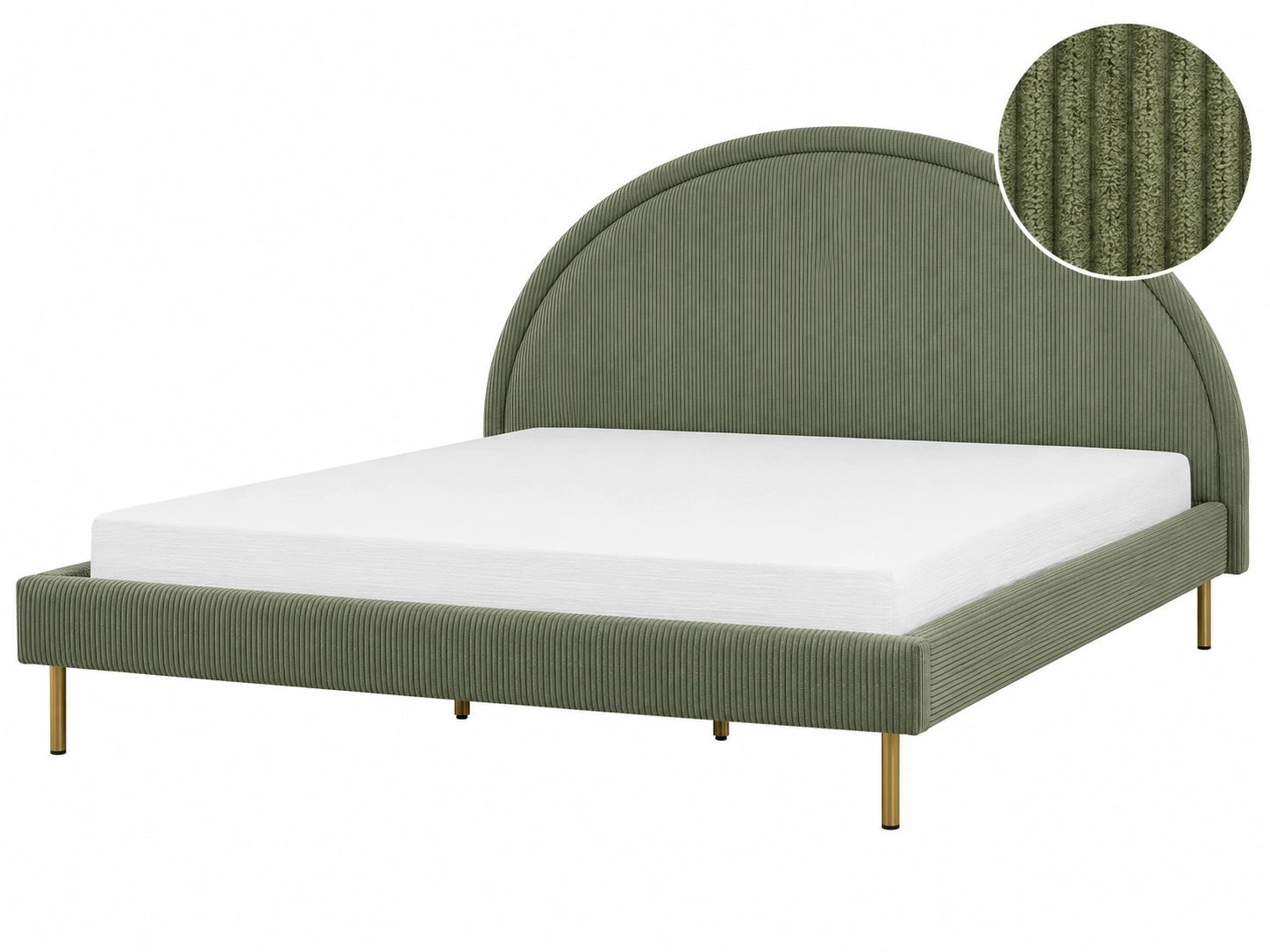 Cama tapizada verde con tejido acanalado, cabecero curvo y patas doradas para dormitorio elegante-zenithfurni