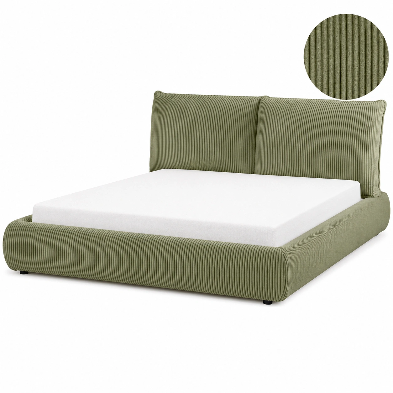 Cama tapizada verde oliva de pana acanalada con cabecero doble acolchado y base baja-zenithfurni
