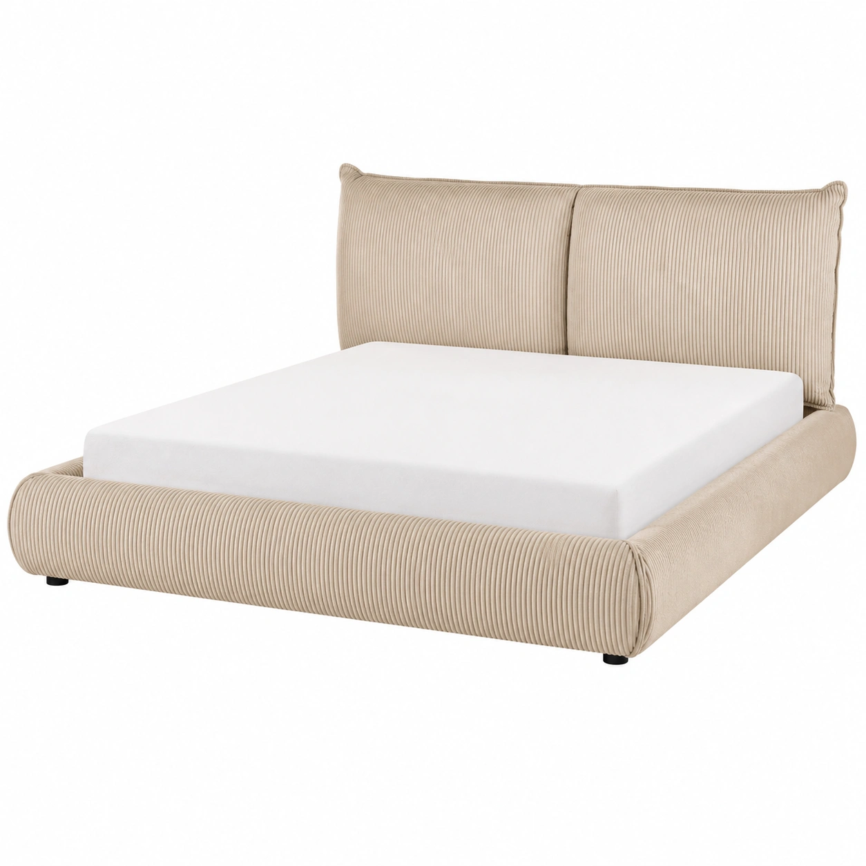 Cama tapizada beige arena de pana acanalada con cabecero doble y base acolchada redondeada-zenithfurni