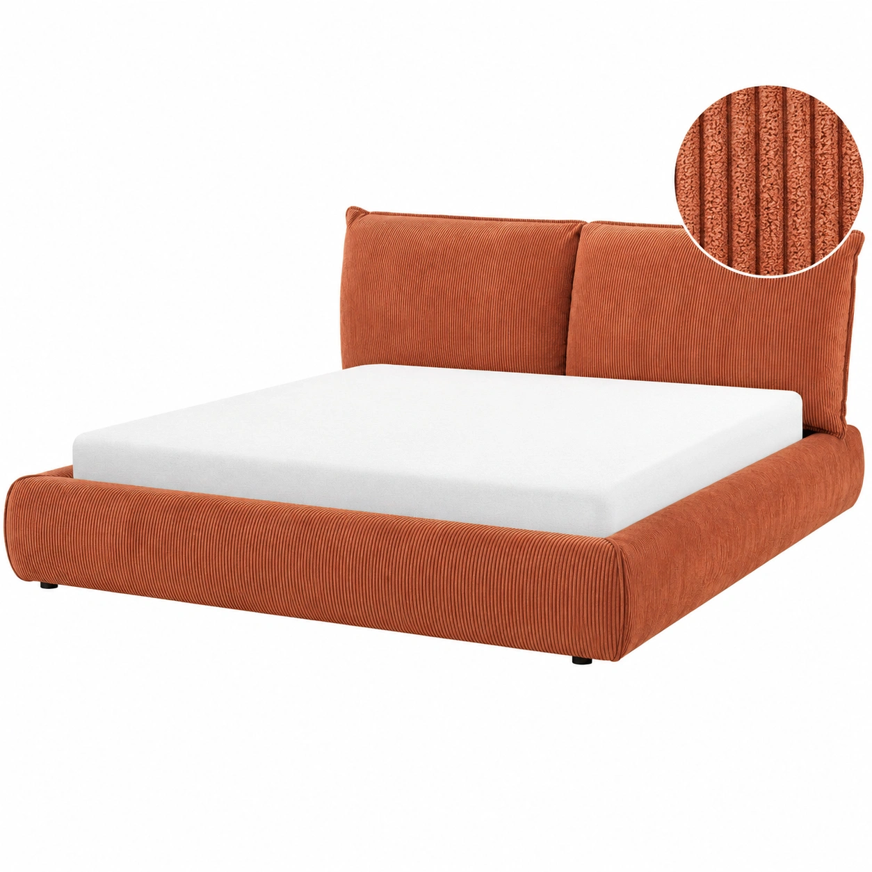 Cama tapizada naranja teja de pana acanalada con cabecero alto doble y base baja envolvente-zenithfurni