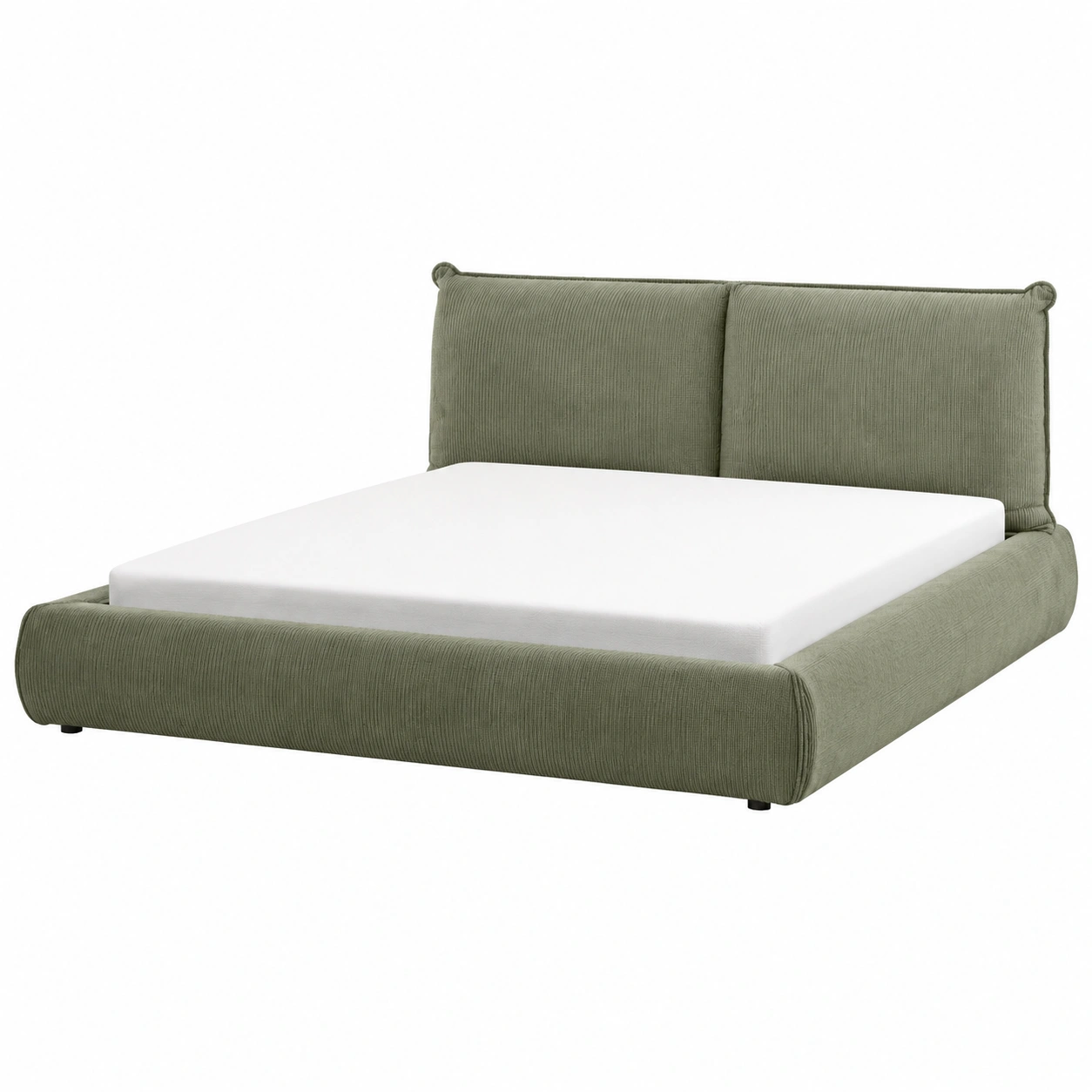 Cama tapizada verde salvia de pana acanalada con cabecero doble sencillo y base acolchada baja-zenithfurni