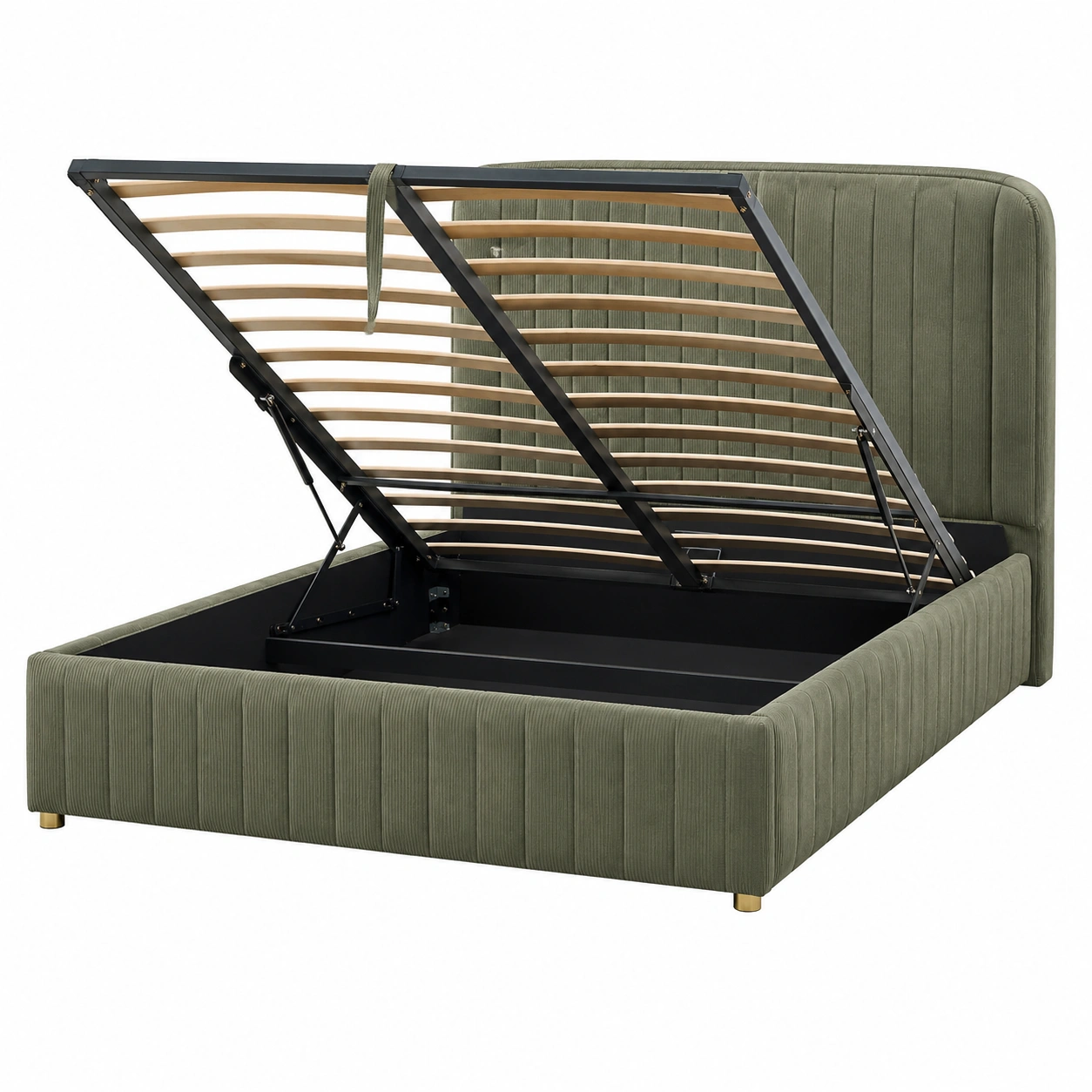 Cama doble tapizada de terciopelo verde oliva con almacenaje abatible y cabecero acolchado moderno para dormitorio-zenithfurni