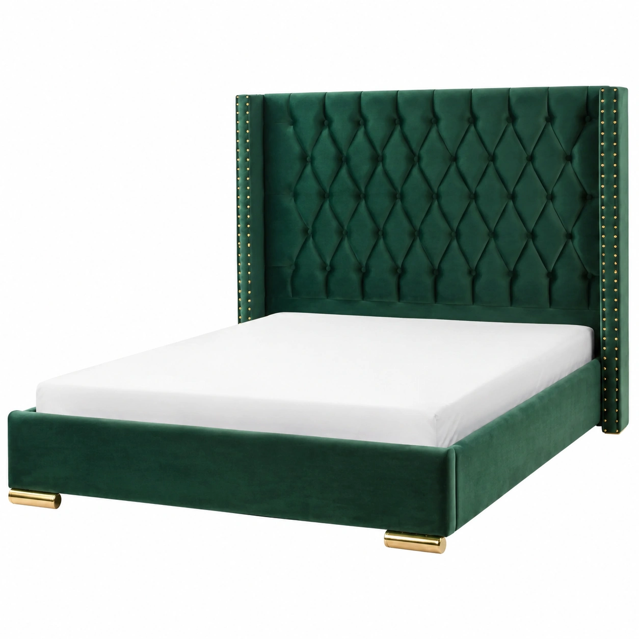Cama doble tapizada de terciopelo verde esmeralda con cabecero capitone alto y detalles dorados elegantes-zenithfurni