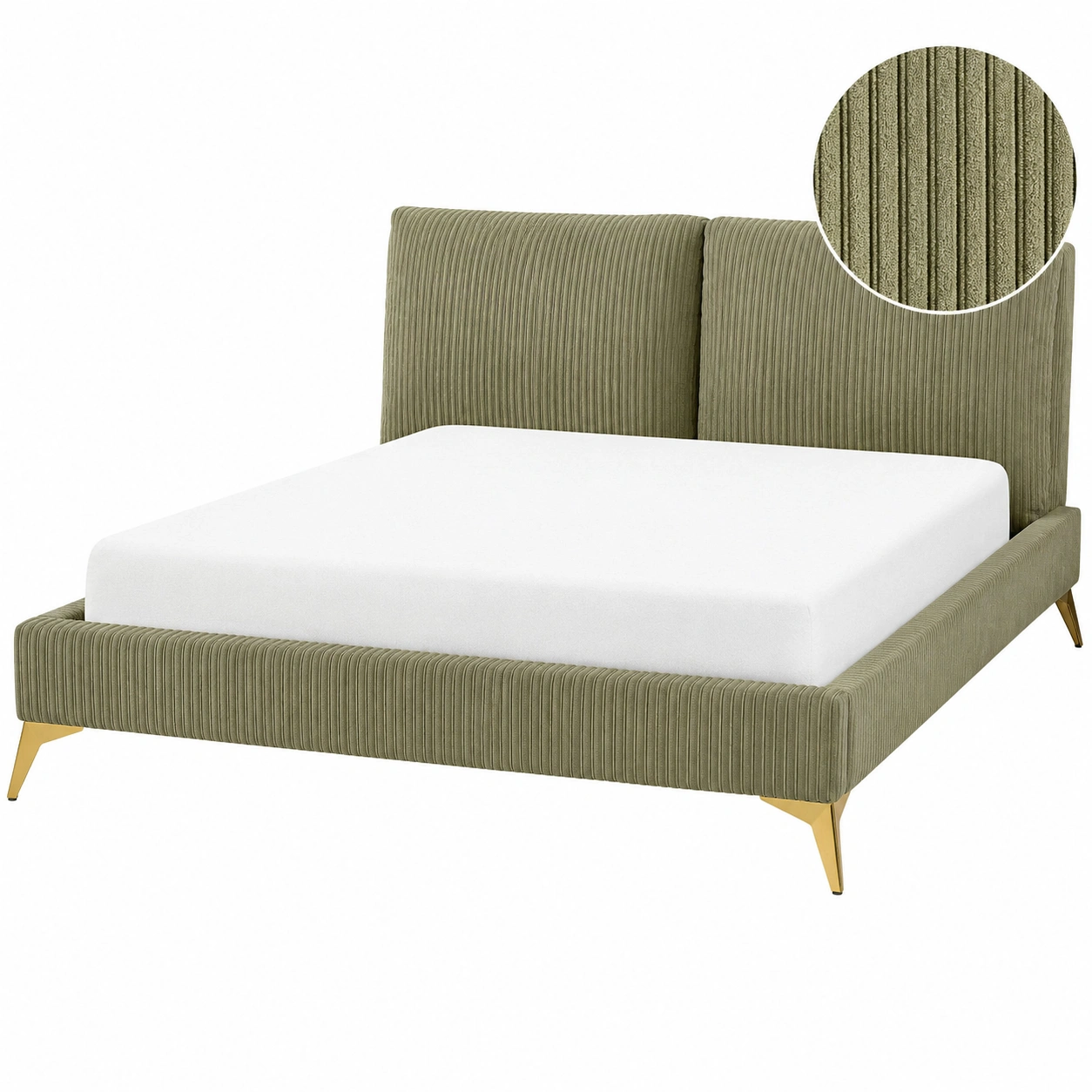 Cama tapizada moderna de pana verde oliva con cabecero acolchado y patas doradas-zenithfurni