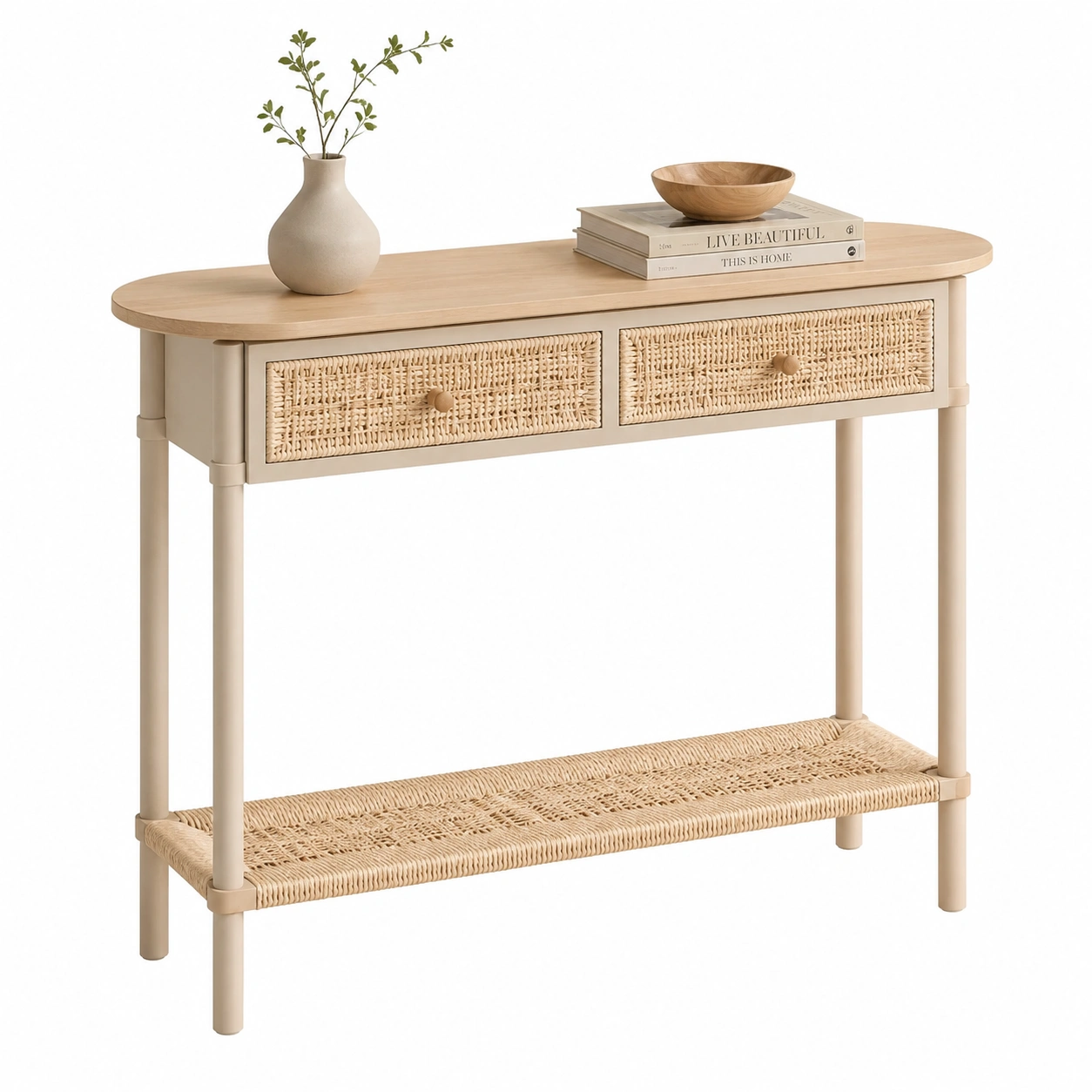 Consola beige minimalista con cajones de ratan-modveraliving