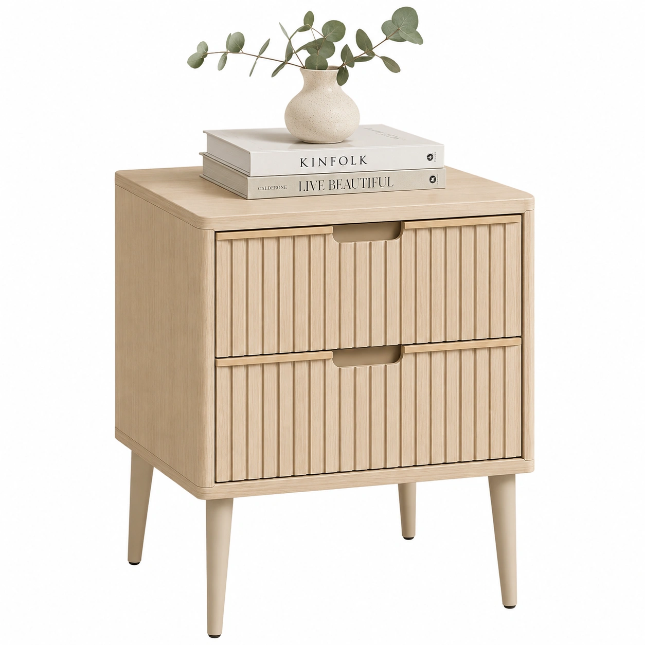 Mesita auxiliar compacta de madera clara con cajones texturizados-modveraliving