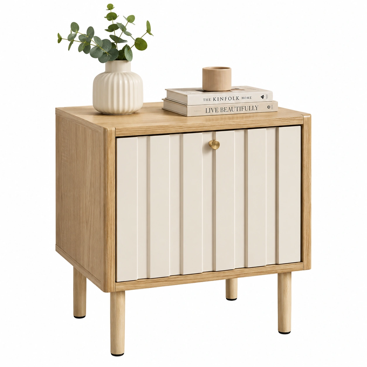 Mesita auxiliar de madera natural y crema-modveraliving