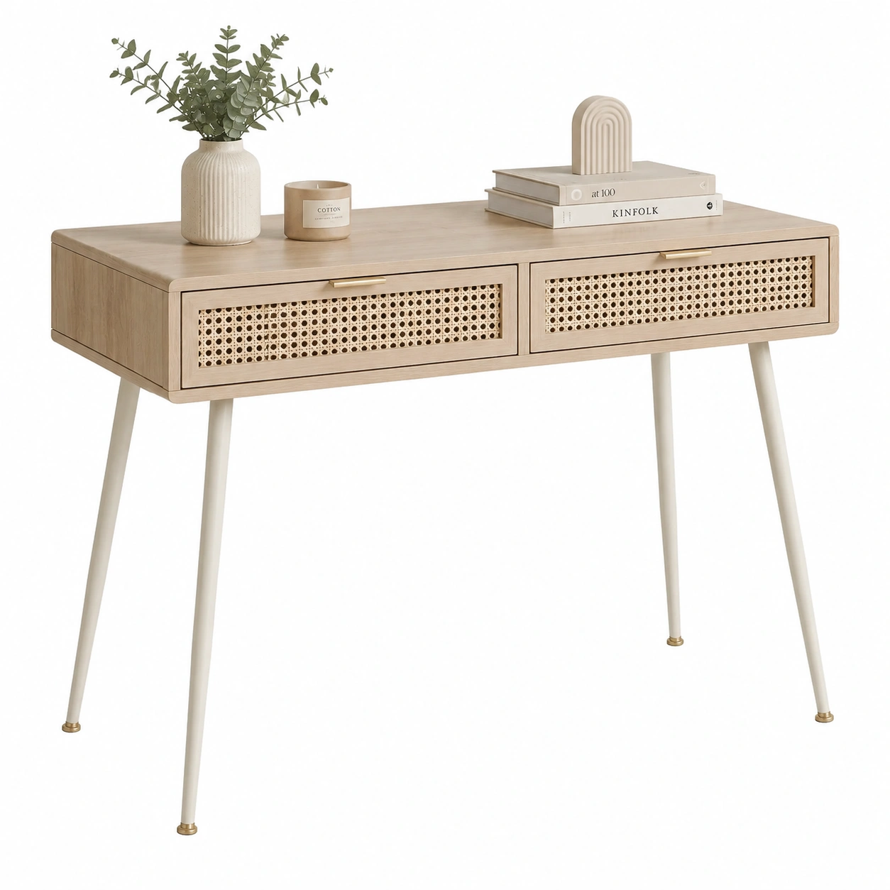 Consola de madera clara con cajones de ratán-modveraliving