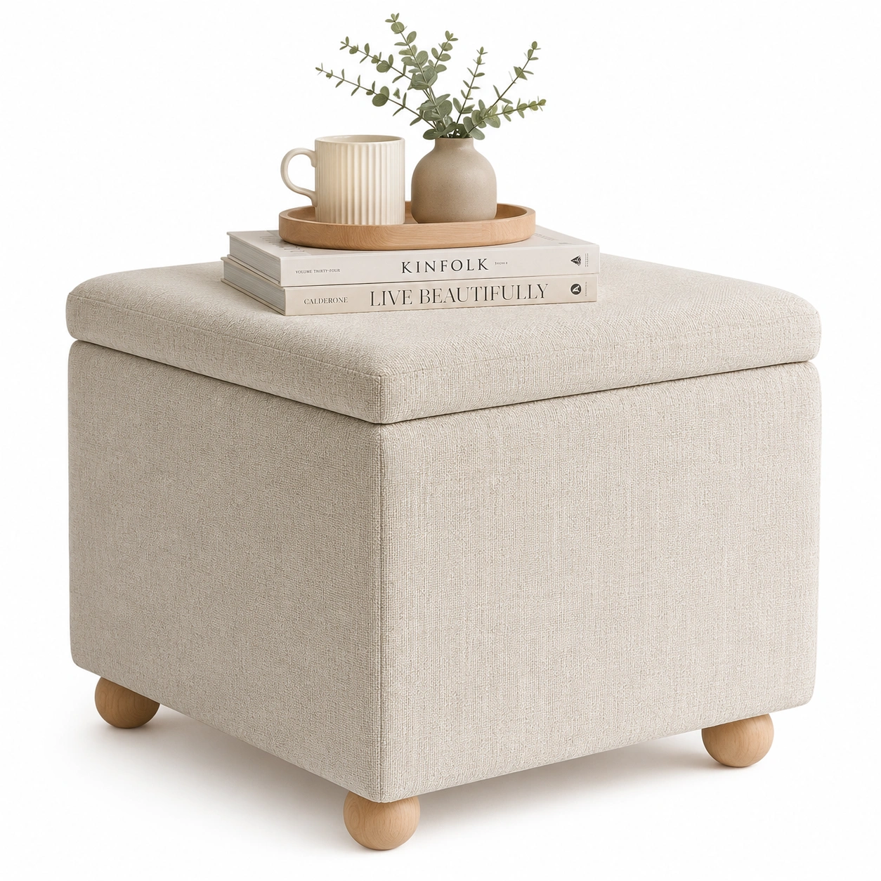 Puf cuadrado beige con tapa acolchada y patas redondas-modveraliving