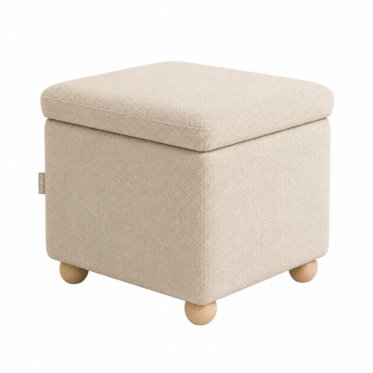 Puf cuadrado beige con asiento acolchado y patas de madera-modveraliving