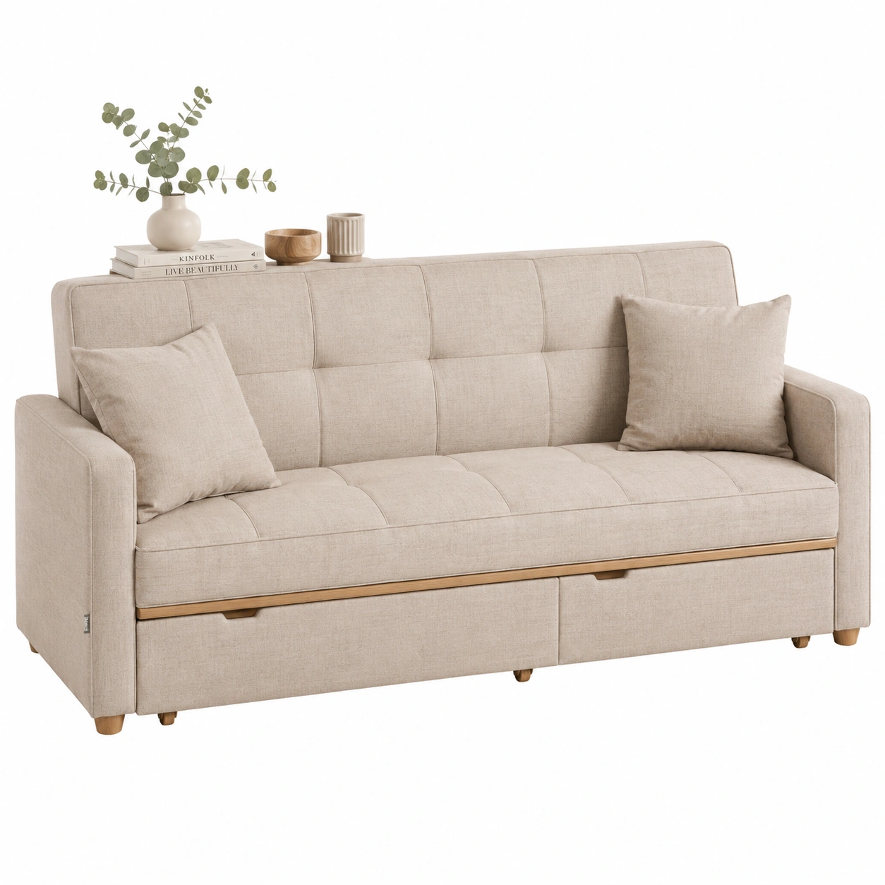 Puf cuadrado beige con tapa acolchada y patas redondas-modveraliving