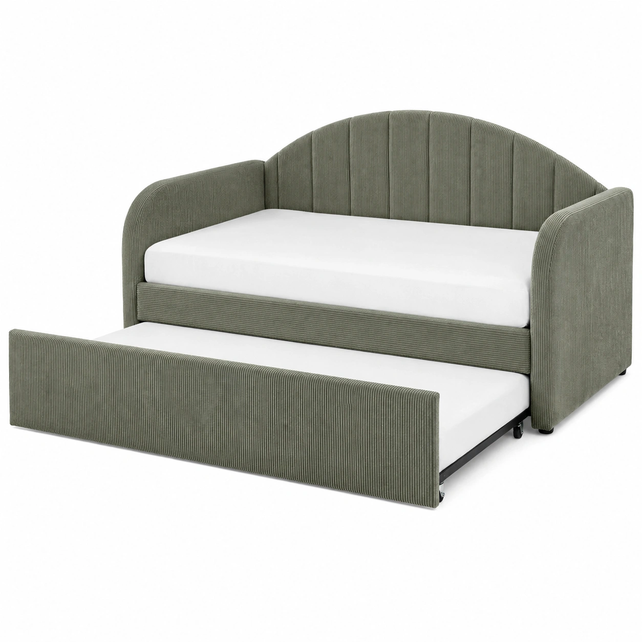Sofa cama tapizado de pana verde oliva con cama nido extraible y respaldo curvo moderno