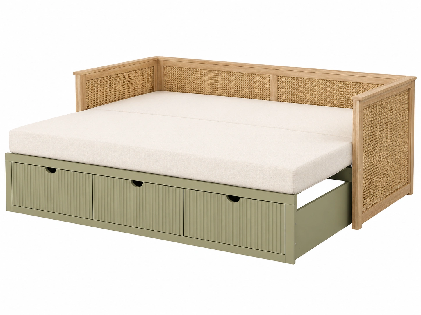 Sofa cama de madera natural y ratan con cajones inferiores y estructura multifuncional-modveraliving