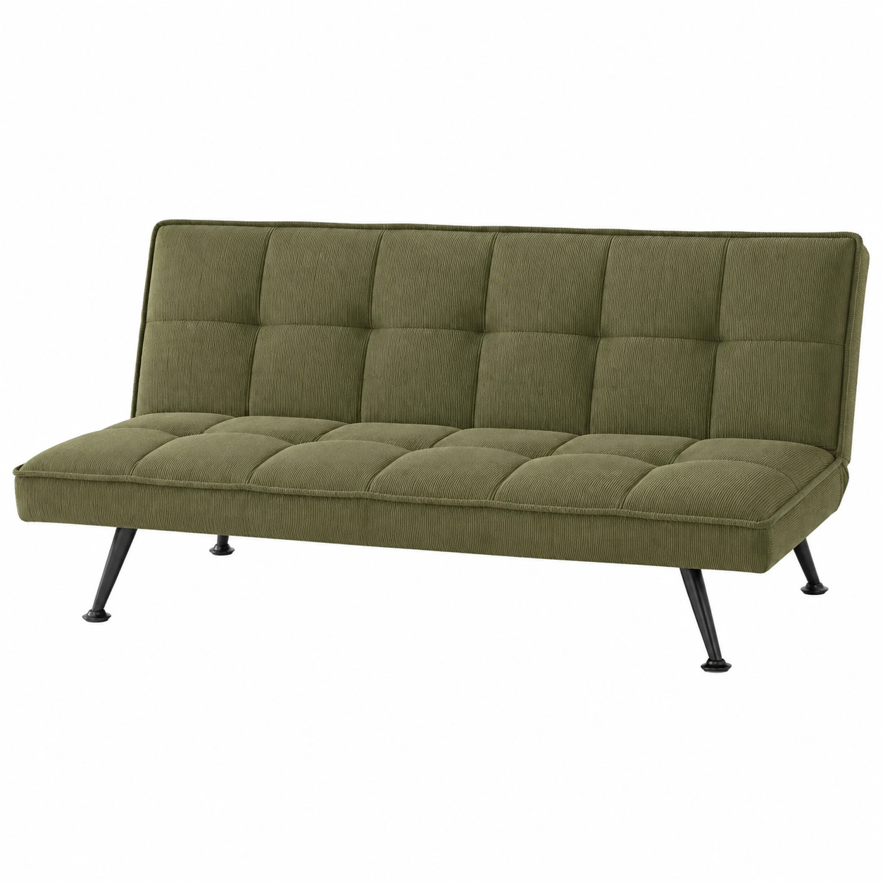 Sofa cama convertible de pana verde oliva con respaldo acolchado y patas metalicas-modveraliving