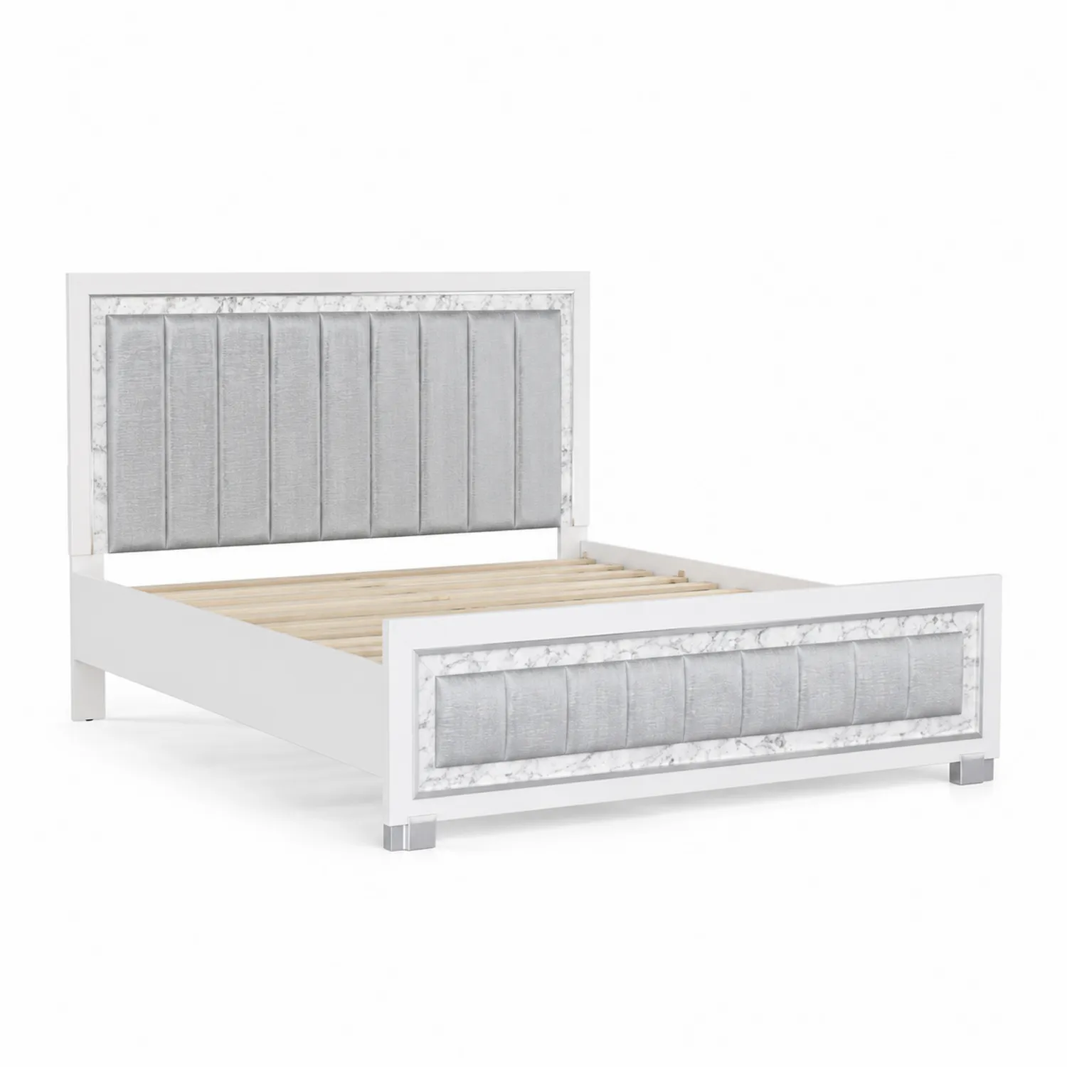 Cama de Madera con Cabecero Tapizado en Tela Gris