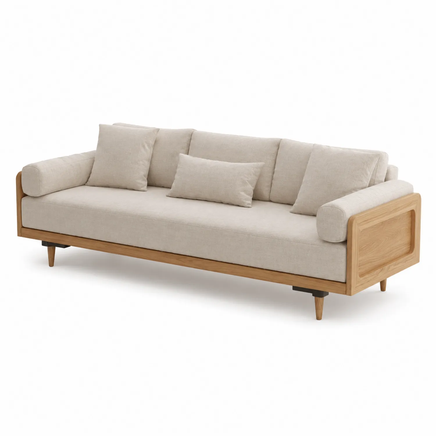 Sofá de madera y tela beige 220 cm