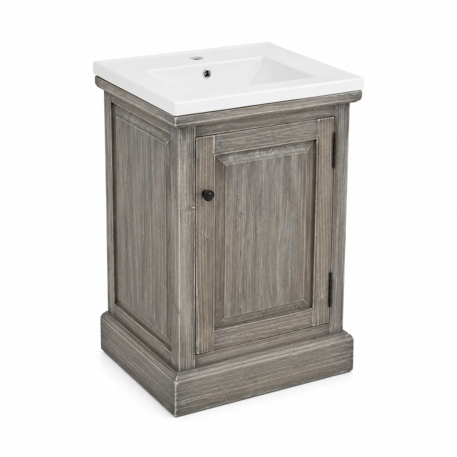 Mueble de madera gris con lavabo de cerámica