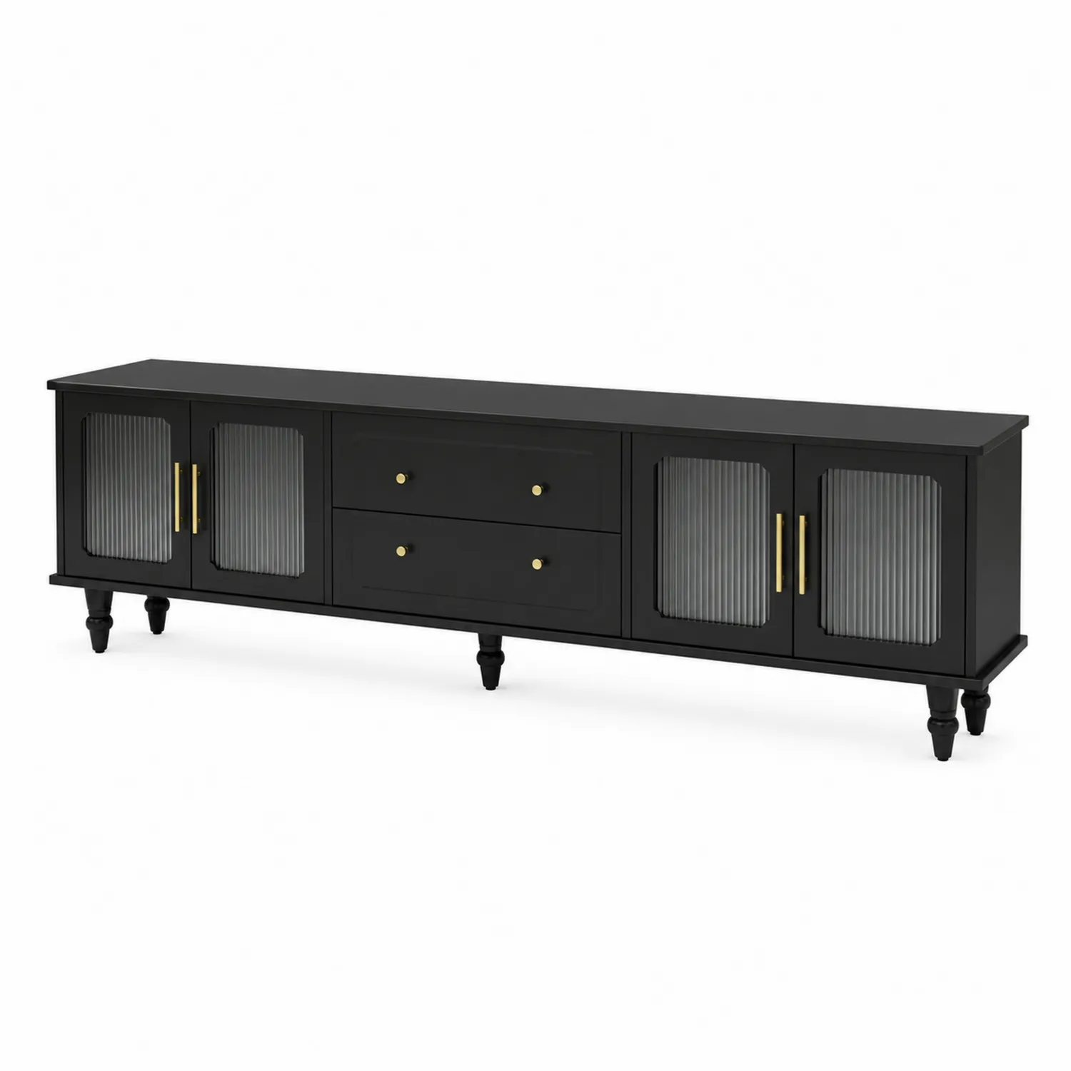 Mueble de TV negro de madera y vidrio acanalado
