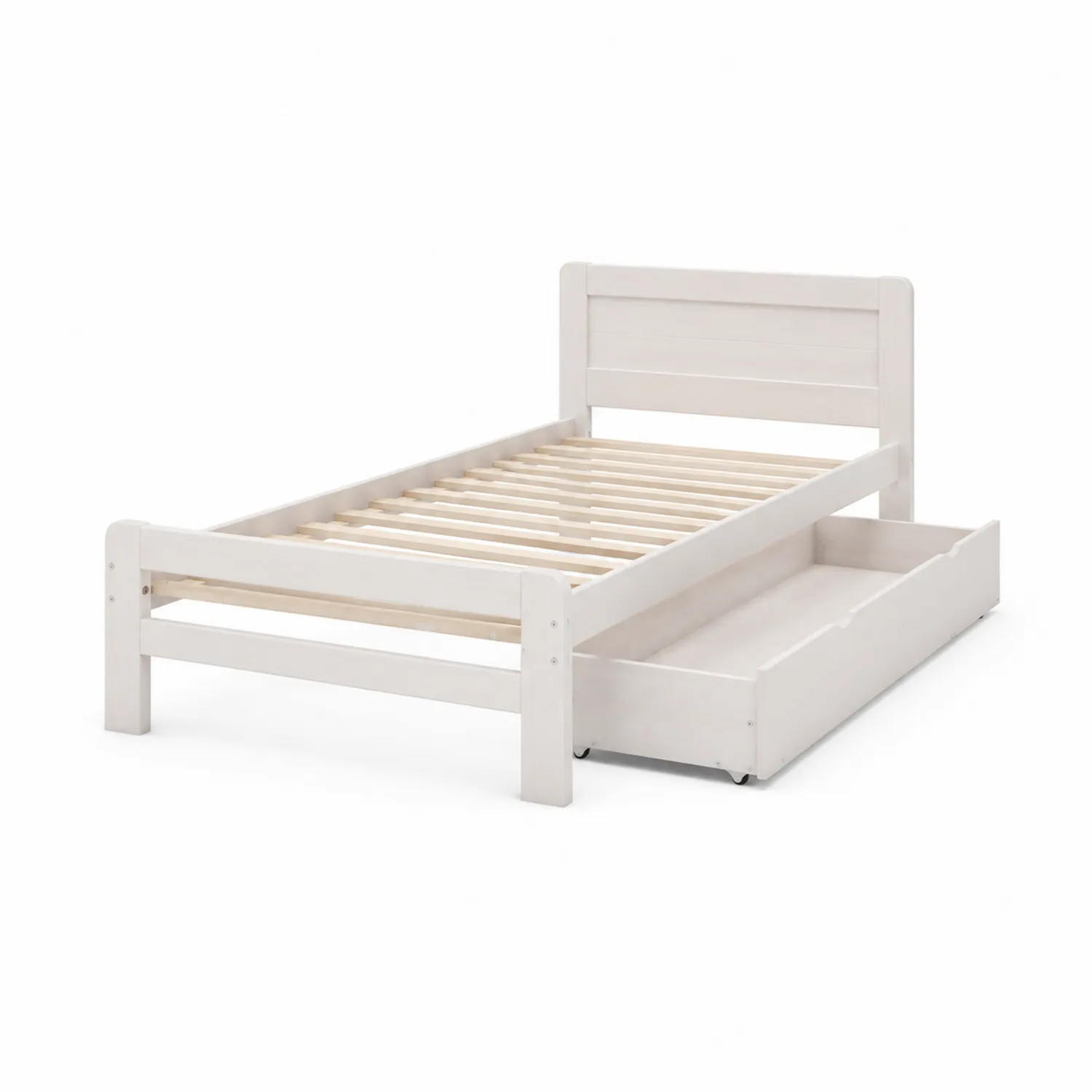 Cama individual de madera maciza con cajón de almacenamiento Blanco