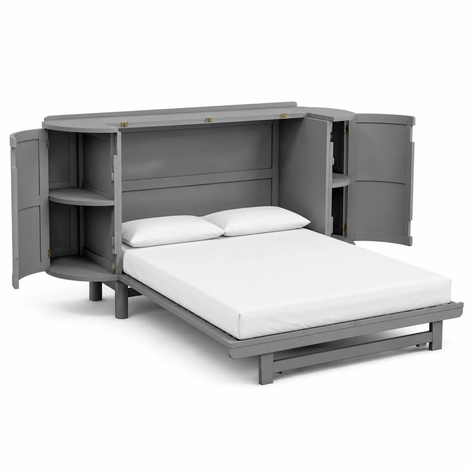 Cama abatible de madera gris con almacenamiento y estantes 200x150 cm