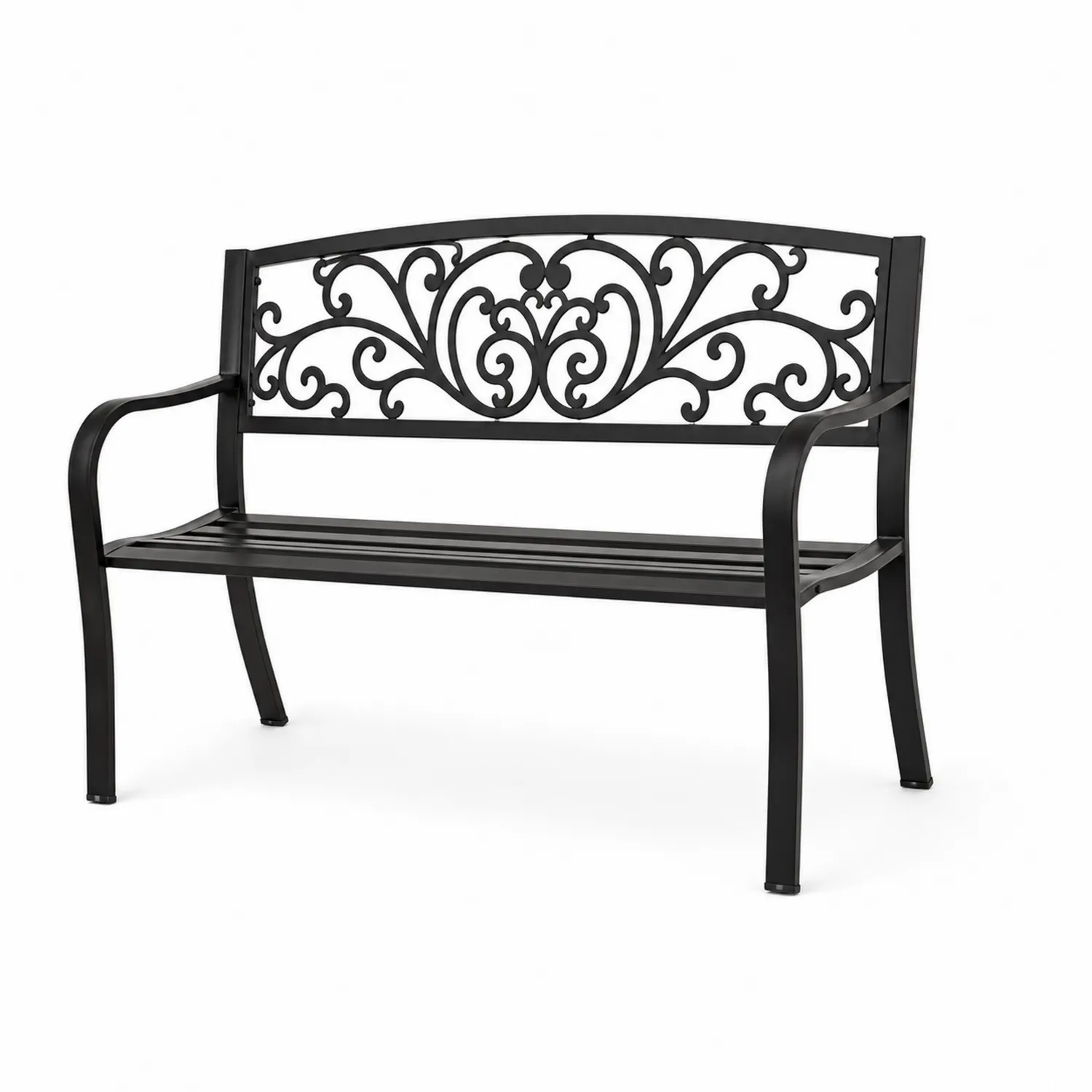 Banco de jardín de metal negro con diseño decorativo