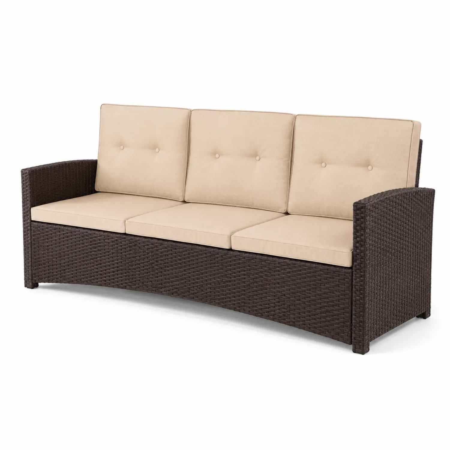 Sofá de Ratán Sintético de 3 Plazas Marrón con Cojines Beige