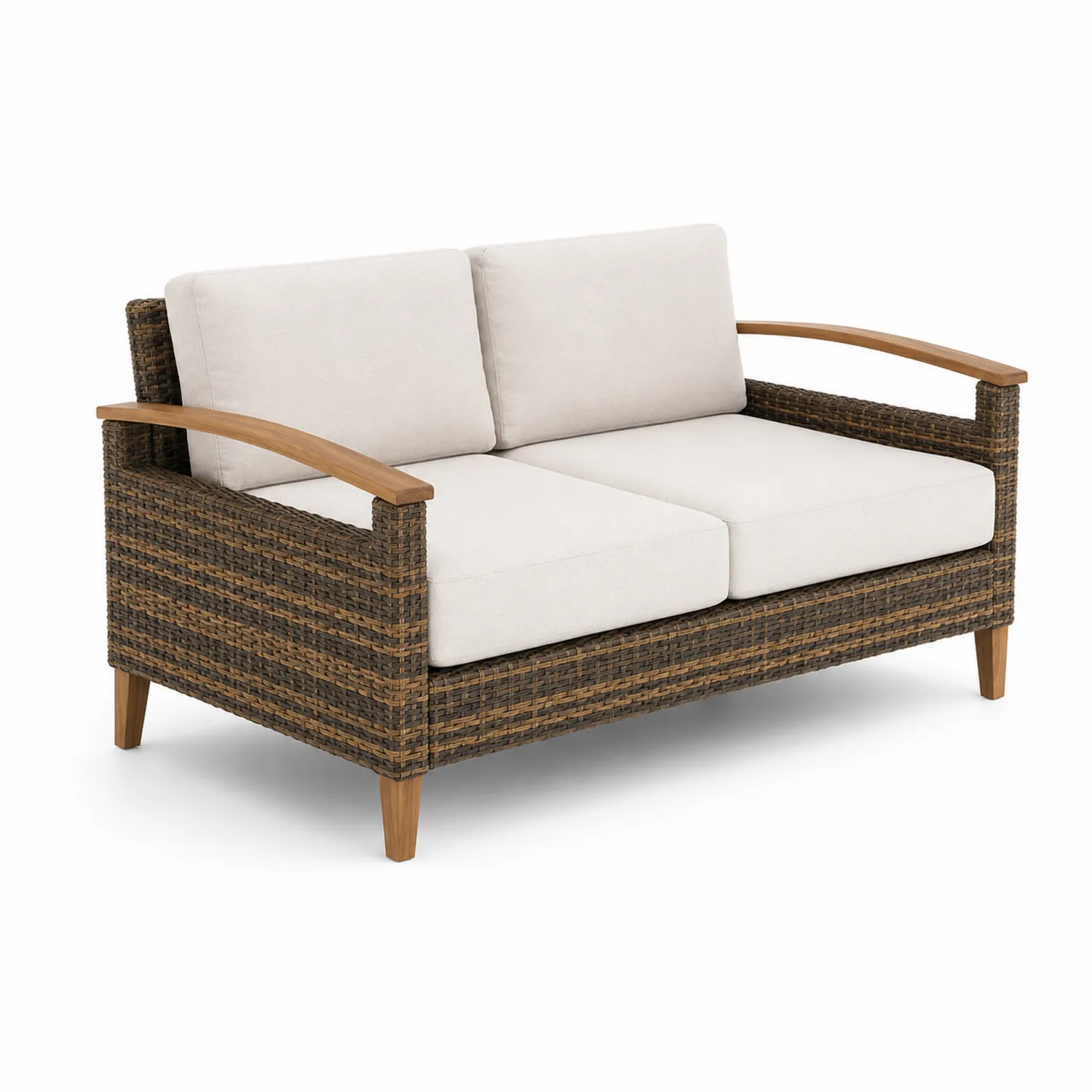 Sofá de ratán sintético con estructura de madera de acacia y cojines beige