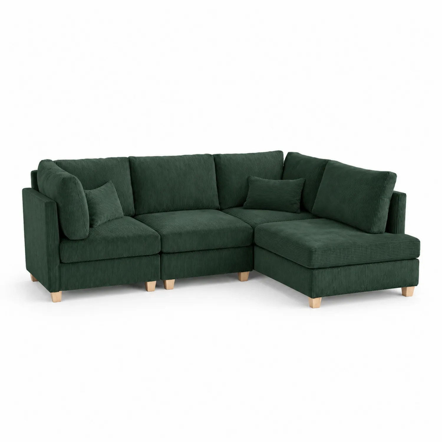 Sofá modular esquinero de tejido de pana verde con patas de madera