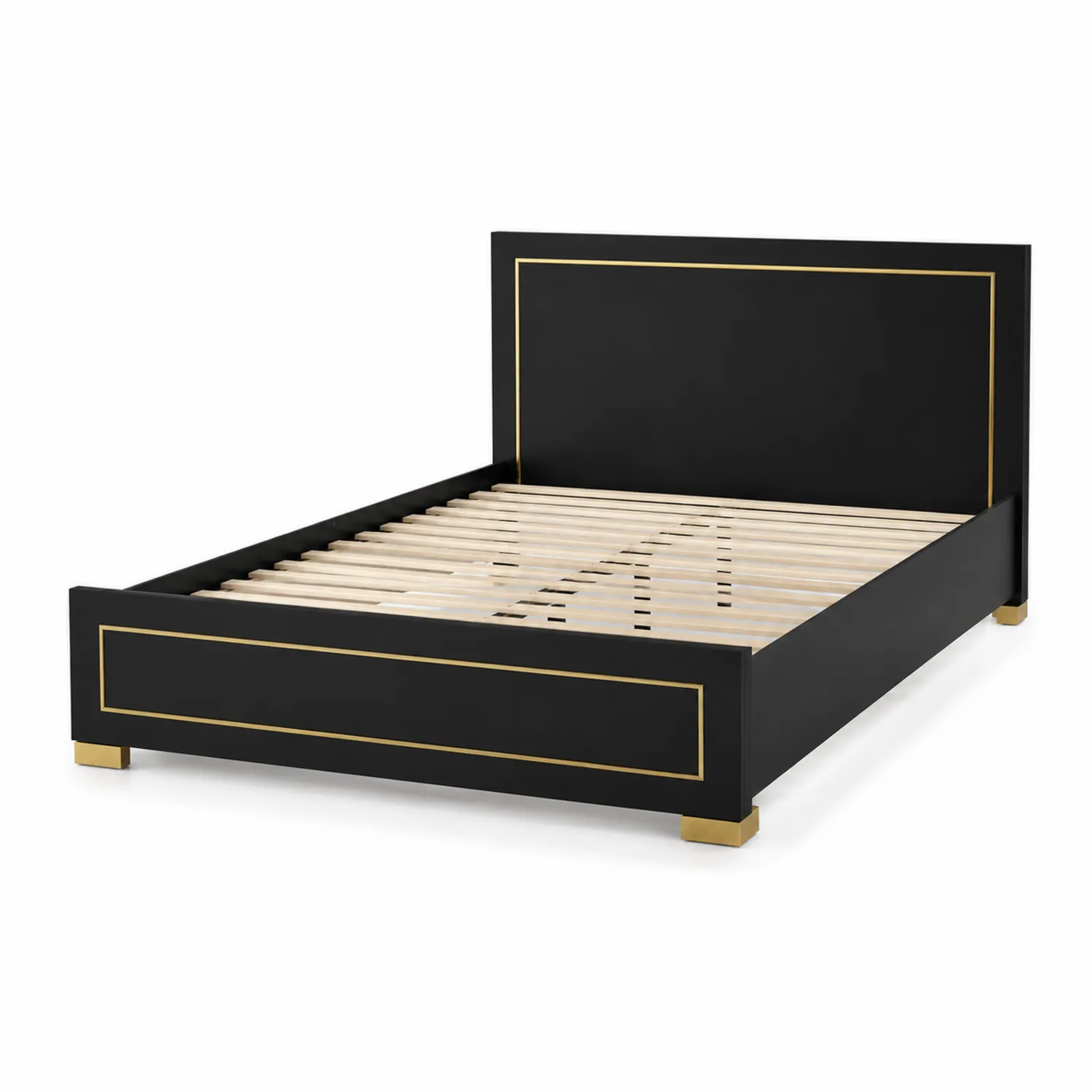 Cama de Madera Negra con Detalles Dorados y Base de Láminas