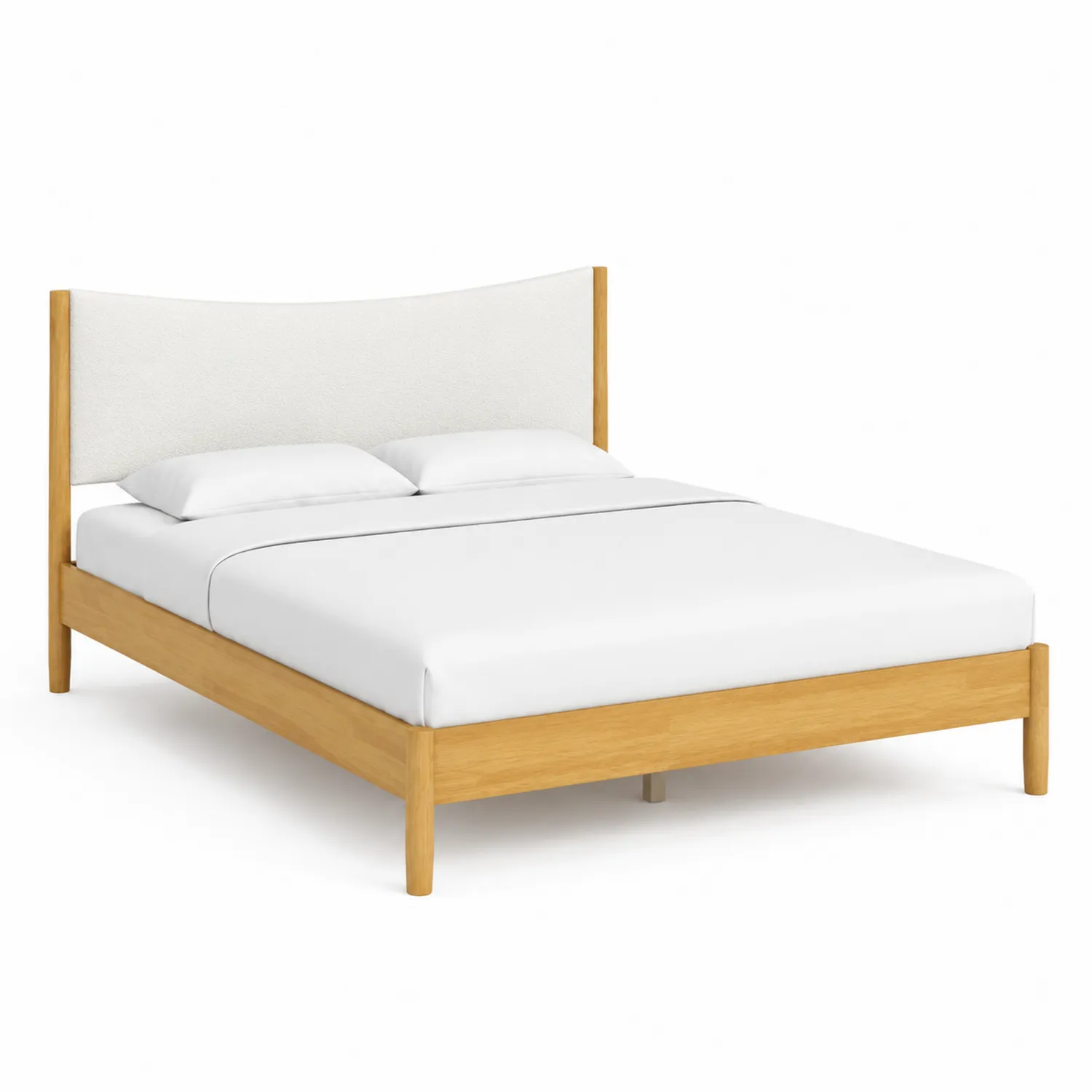Cama doble de madera de roble con cabecero tapizado blanco