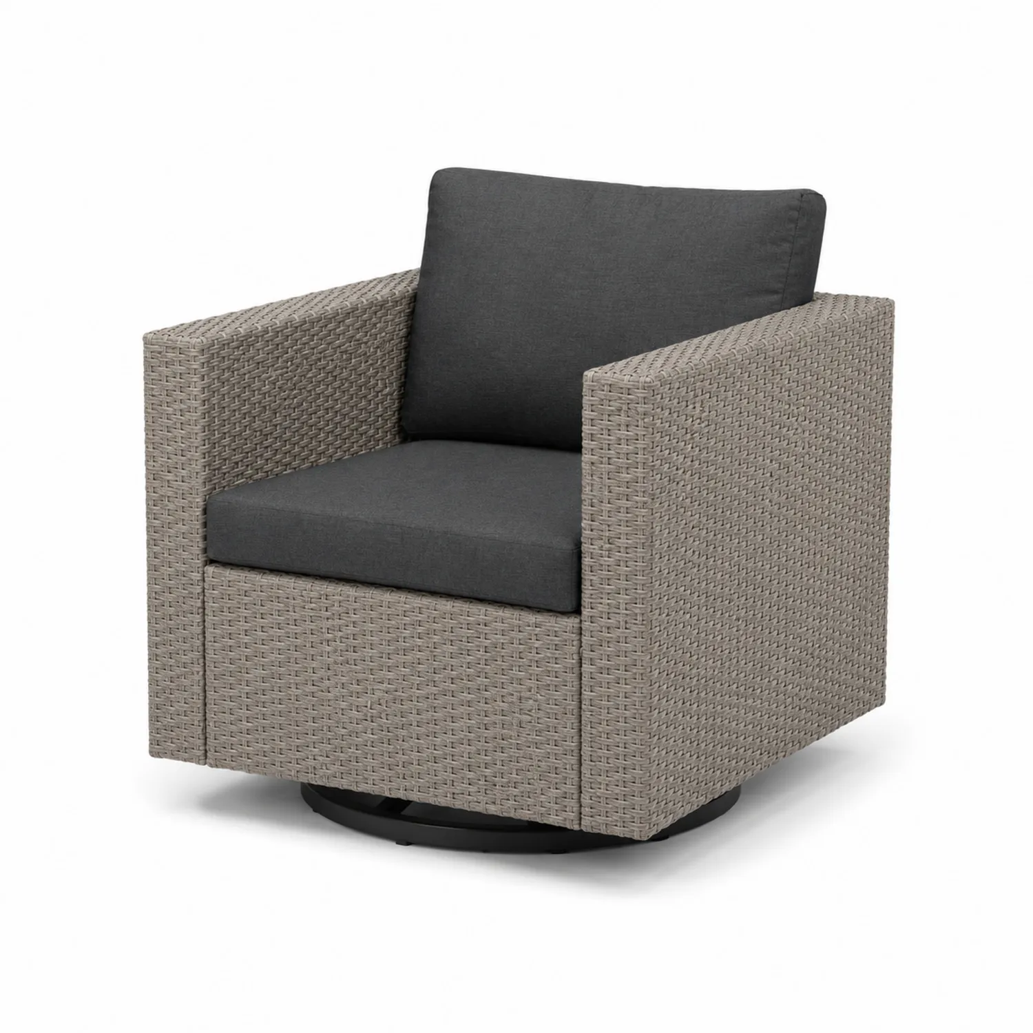 Sillón giratorio de ratán sintético con cojines grises