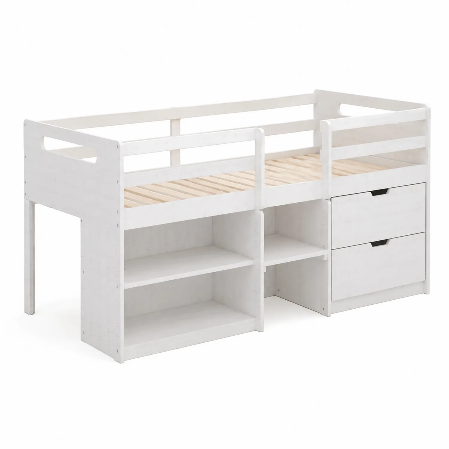 Cama alta de madera blanca con estantería y cajones 200x90 cm